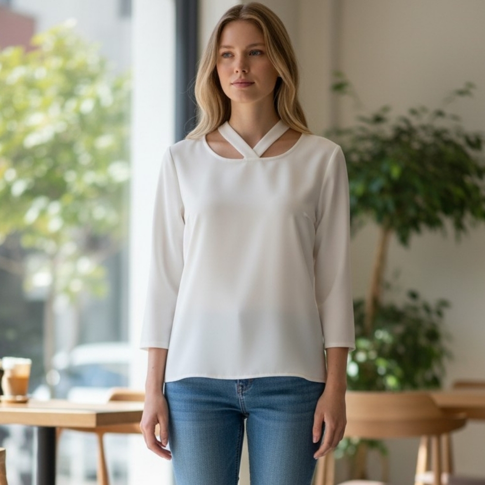 DREW Anthropologie Top White Choker Long Sleeves Italian Luxury Ponte Knit